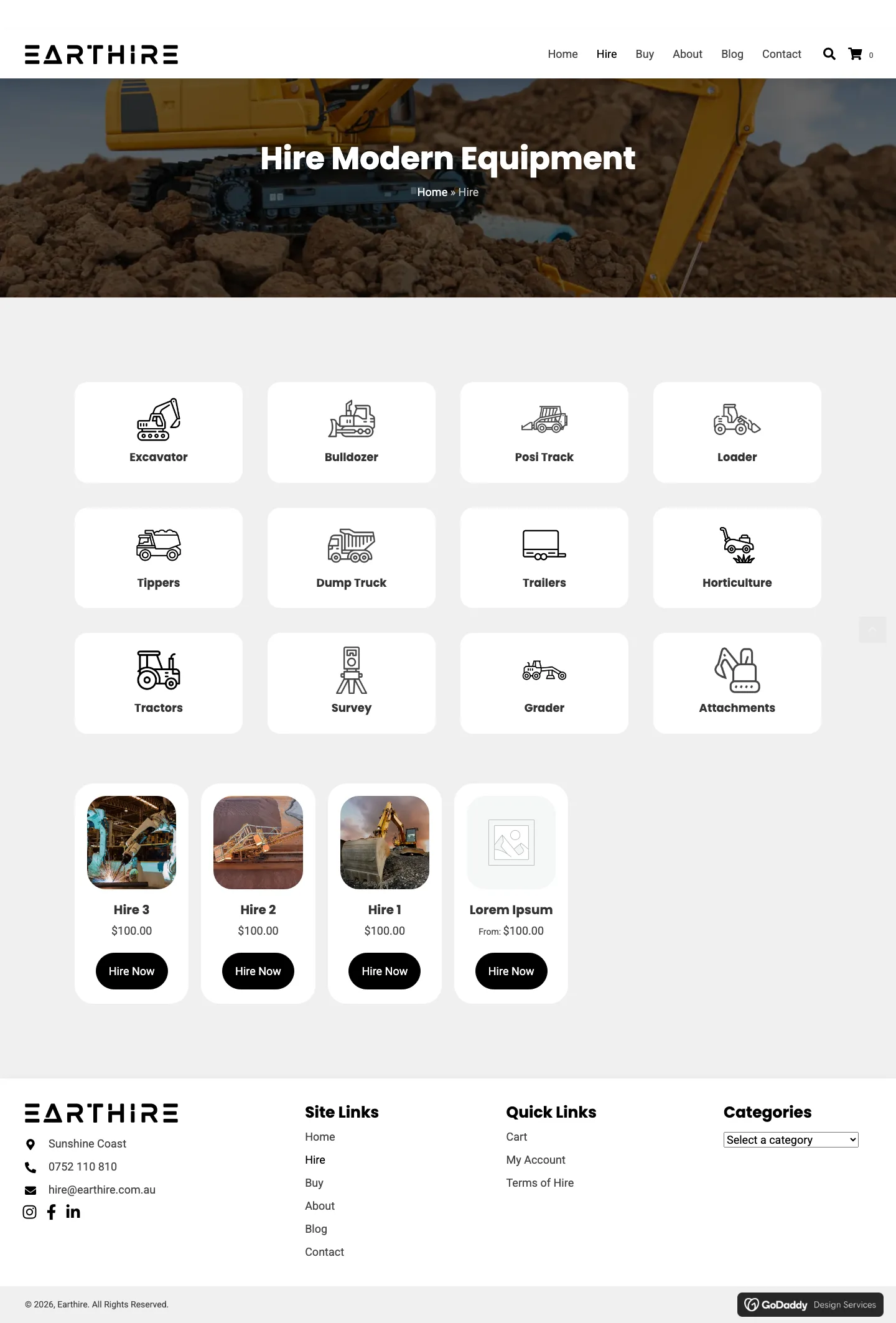 Earthire hire page screenshot