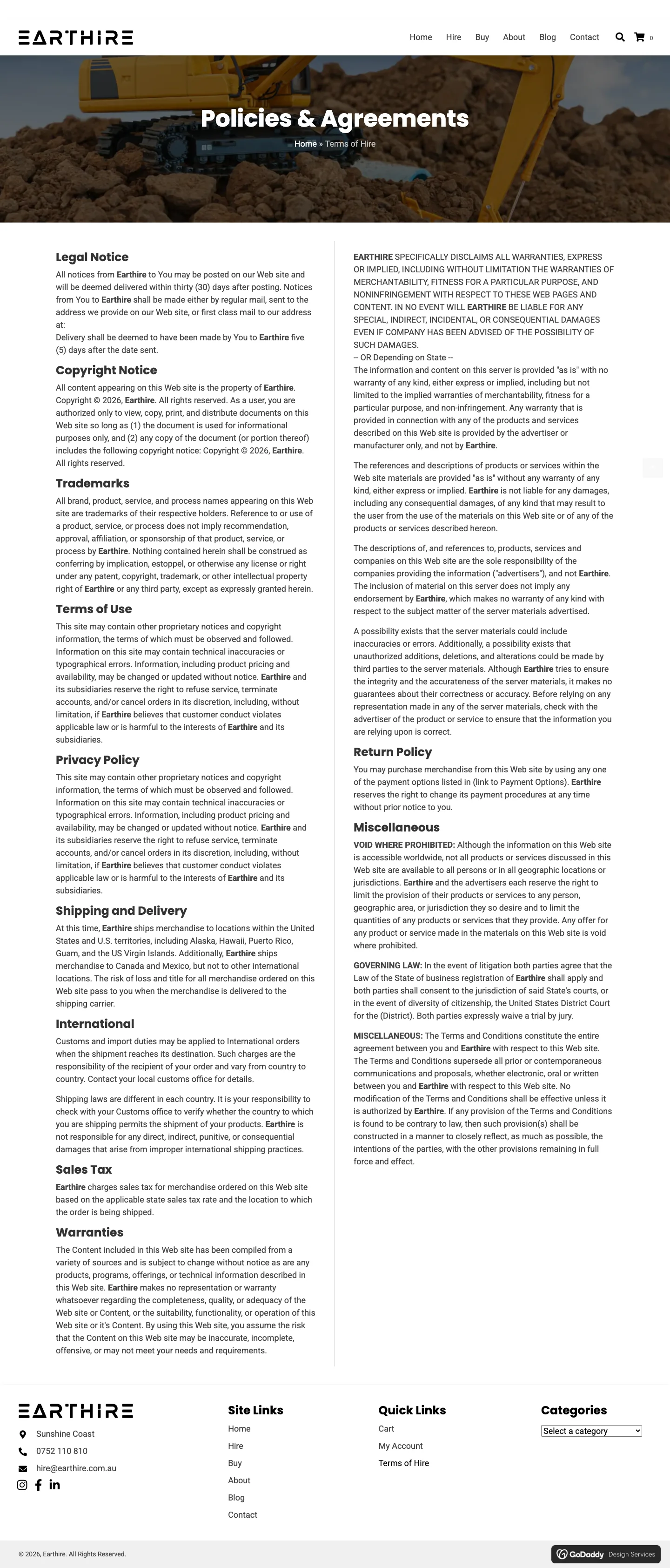Earthire terms page screenshot